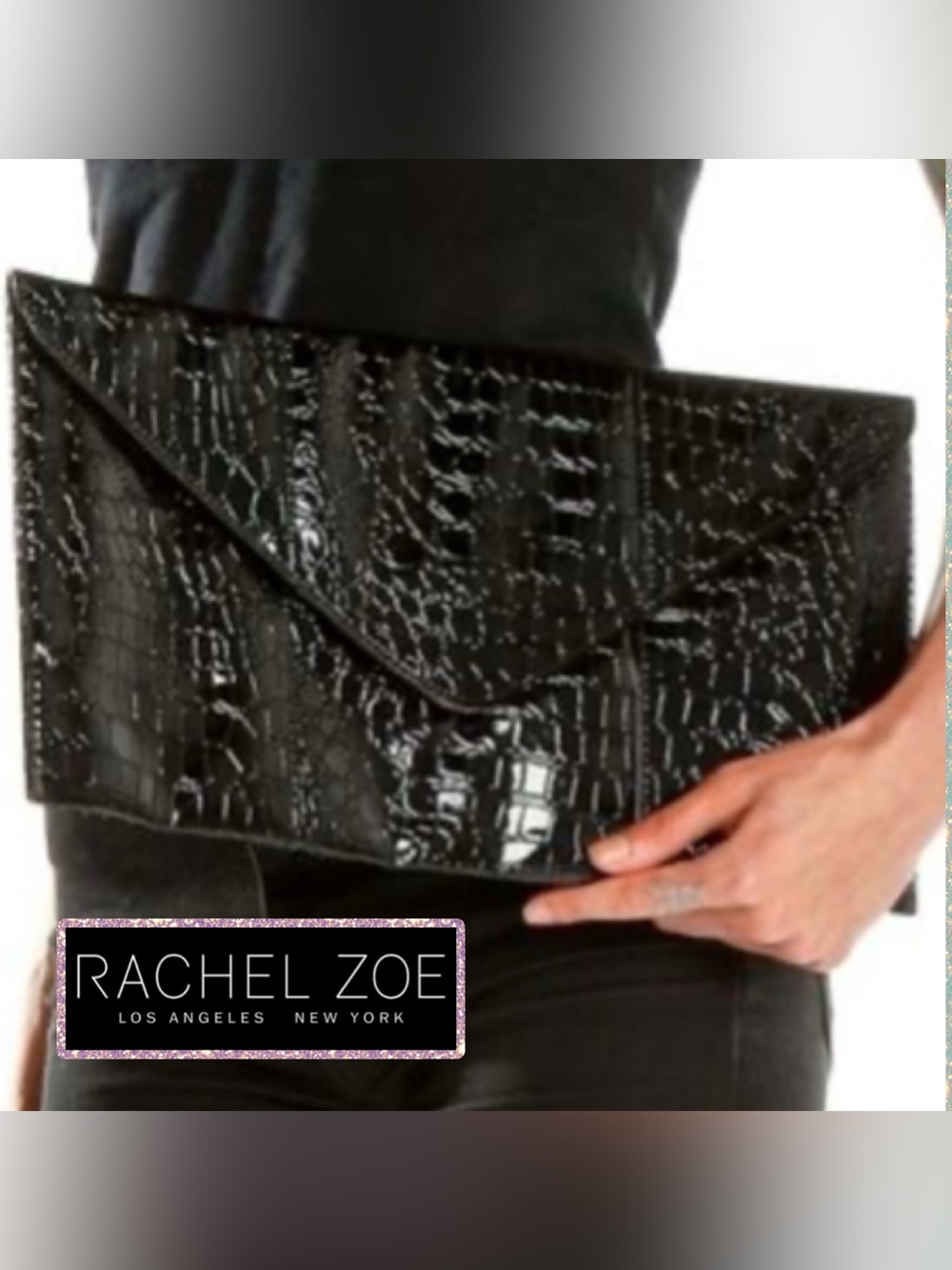 Rachel Zoe Chic Black Faux patent leather Crocodile Embossed Envelope Clutch